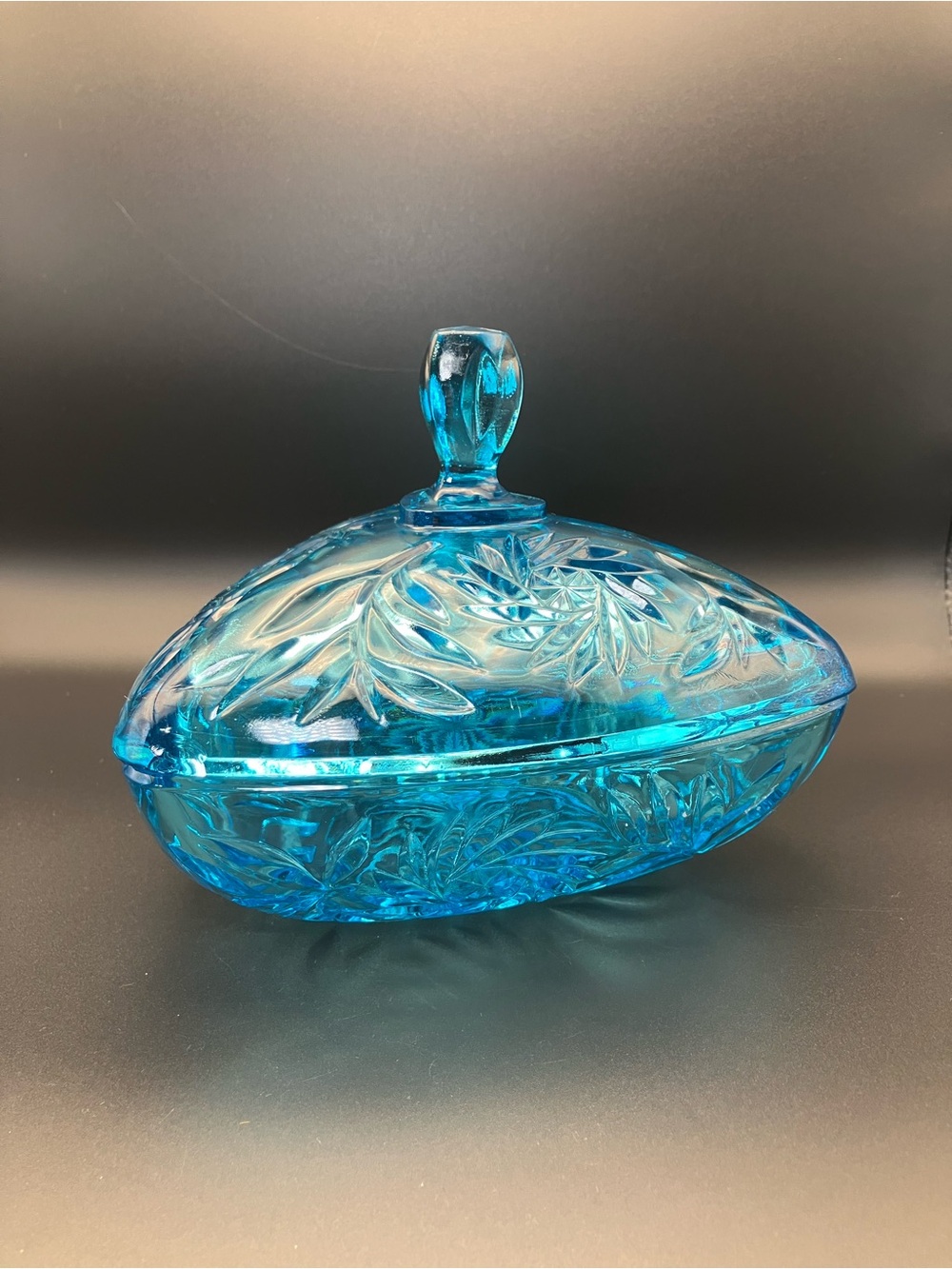 Hazel Atlas Capri Blue Pinwheel Triangular Pressed Glass Covered Candy Dish